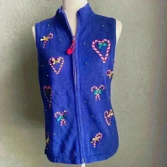 Vintage Nouveaux Cute Ugly Christmas Knit Sweater Vest Candy Canes Blue Zipper M - Picture 2 of 10